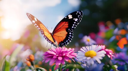 Naklejka premium Vibrant Butterfly on Colorful Flowers in a Sunny Meadow