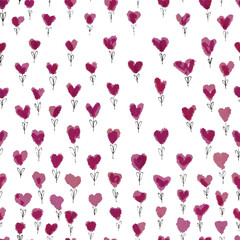 Seamless pattern with hearts watercolor with pen stems on white background. Vector blots. Ink paint. St valentine day fabric, background, packaging