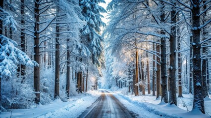Frozen road with snow-covered trees in a winter forest, winter, forest path, winter, forest path, road, snowflakes, serene, tree