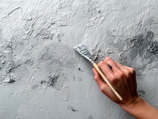 diy wall painting with hand and brush focusing on intricate details of gray strokes