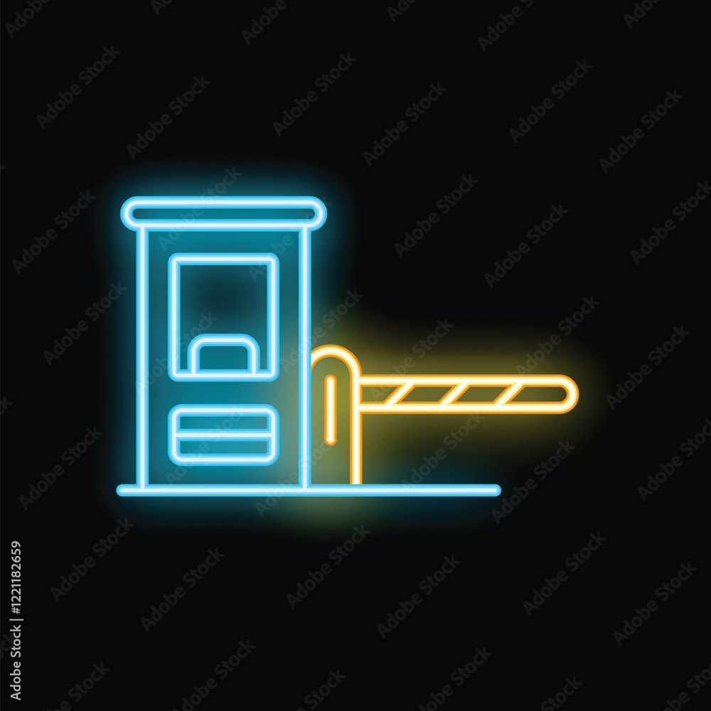Poster glowing neon line icon of an automatic barrier at a security checkpoint