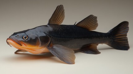Fototapeta premium Close-up of a freshwater fish showcasing its detailed anatomy and vibrant colors on a neutral background