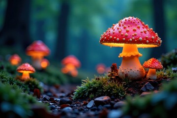 Glowing mushrooms in a magical forest floor, fungi, magic