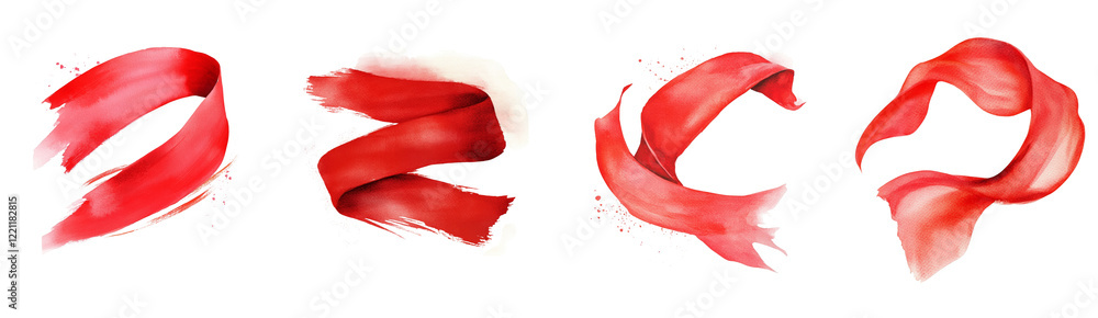 Poster the image showcases four abstract watercolor paintings depicting red ribbons in dynamic swirls and f