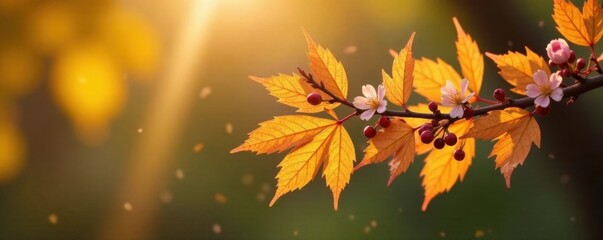 Golden autumn leaves on a slender branch with delicate flowers and berries, berries, nature