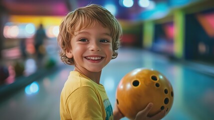 Fototapeta premium Joyful child bowling at indoor alley fun activity colorful environment