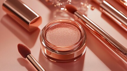 Close-up of a shimmering cosmetic cream jar surrounded by brushes on a soft pink background