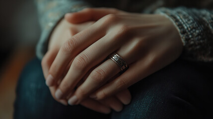 Woman wearing beautiful ring with gemstone against beige fabric, closeup