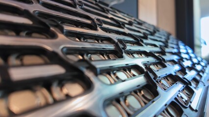 Close-up of Electric Car battery pack. Lithium-ion battery cell manufacturing and battery module cells for automotive Industry. High capacity batteries for Electric Vehicle.