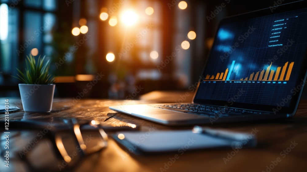 Poster analyzing loan trends with data visualization office workspace digital graphs modern environment ang