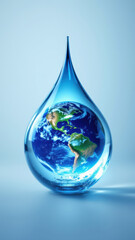 A clear glass drop filled with an illustration of Earth against a blue background, representing environmental protection and sustainable development.