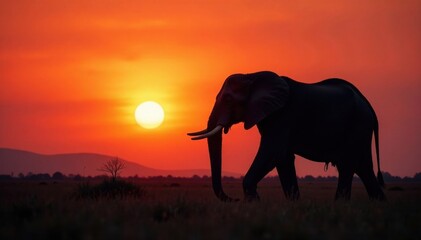 Large black elephant silhouette against sunset background, Africa, silhouette