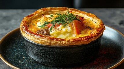 British meat pie with a flaky crust and mashed potatoes 