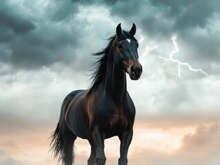 Fototapeta premium A majestic black horse stands against a dramatic sky filled with dark clouds and flashes of lightning.