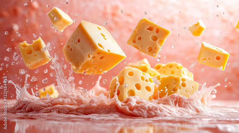 Poster pile of cheese with many pieces flying through the air. scene is playful and fun, as if the cheese i