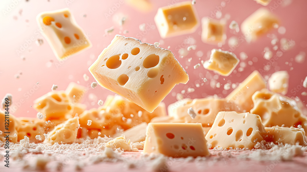 Poster pile of cheese with many pieces flying through the air. scene is playful and fun, as if the cheese i