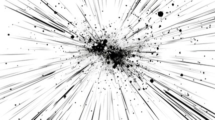 Abstract black and white digital lines converging towards the center. Digital artwork of black color explosion with white background. Comic effect. Technology and data visualization concept. AIG53.