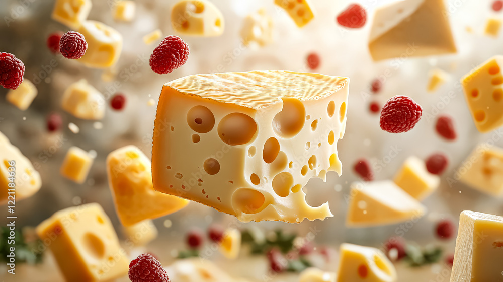 Aufkleber close up of a piece of cheese with a raspberry on top. the cheese is cut in half and the raspberry i