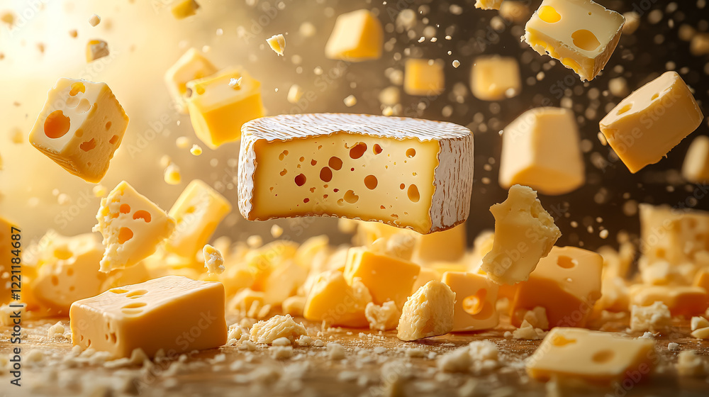 Poster pile of cheese with many pieces flying through the air. scene is playful and fun, as if the cheese i