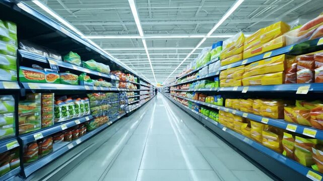 Supermarket aisle with groceries on shelves