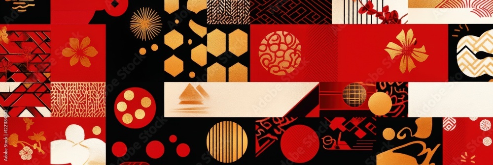 Poster vibrant geometric patterns in red and gold: modern abstract designs for creative projects and interi