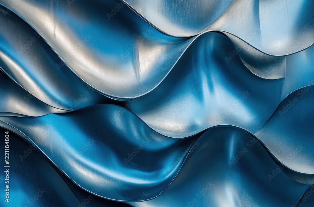 Poster abstract wavy pattern in blue and silver creates fluid movement and depth