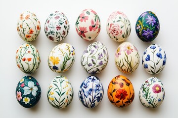 Colorful floral painted eggs display with intricate botanical designs