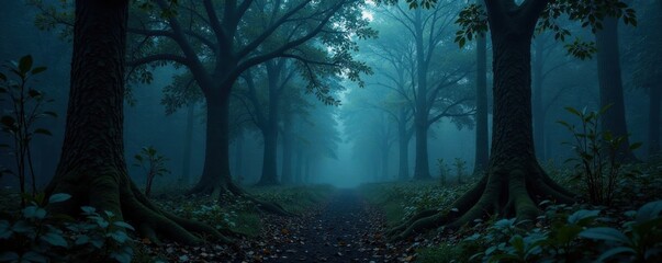 Dark forest foliage with eerie glow, , exotic leaves
