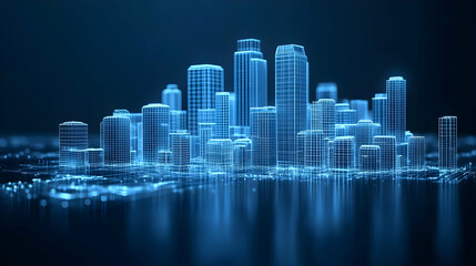 Futuristic city skyline, digital wireframe, glowing at night, tech background, website banner