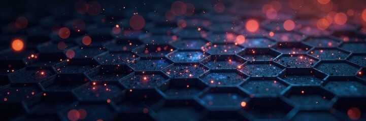 Dark hexagon grid with scattered sparks, abstract, hexagonal