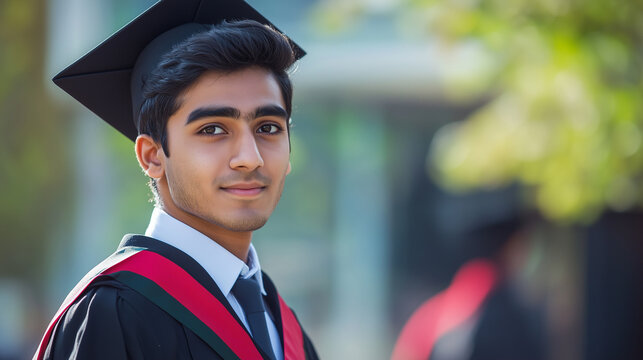 Confident young man celebrating graduation, wearing a cap and gown, standing proudly outdoors on campus, radiating success and ambition