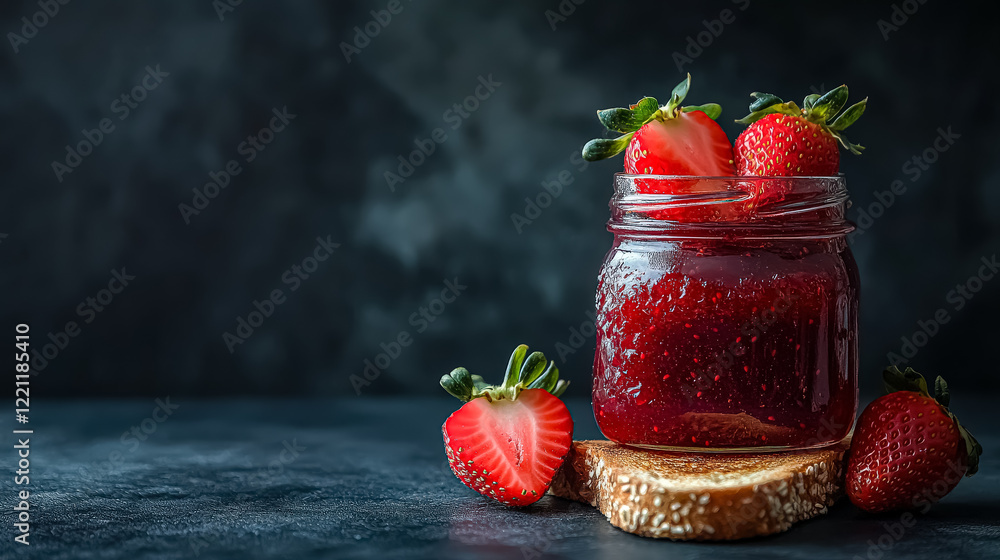 Poster jar of strawberry jam is sitting on a table with a slice of bread and a few strawberries