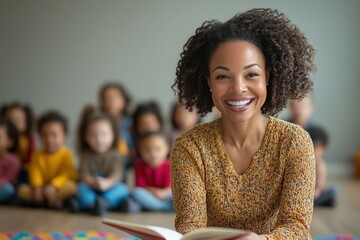 Engaging african american female teacher reading to diverse group of children in classroom setting. Black History Month