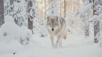 Naklejka premium Lone Wolf Walking in Snowy Dense Forest