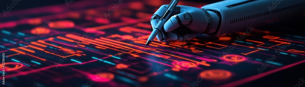 Poster a robotic hand drawing complex patterns on a futuristic digital interface, symbolizing innovation an