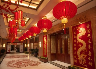 Obraz premium chinese new year lantern with Chinese pattern, gold hanging lantern. Modern luxury oriental illustration for cover, banner, website, envelope.