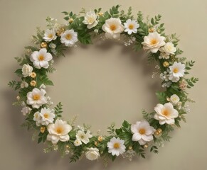 Fototapeta premium Delicate floral wreath with greenery and flowers, surrounded by a soft golden border, nature, simple
