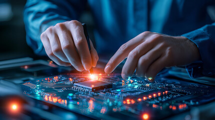 Naklejka premium Close Up Of Hands Carefully Repairing Illuminated Circuit Board