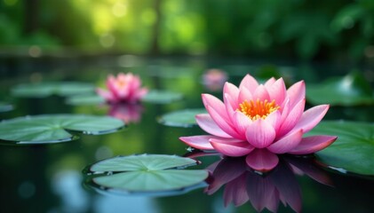 Delicate water lily flowers floating on the surface of a tranquil pond, floral pattern, peaceful surroundings