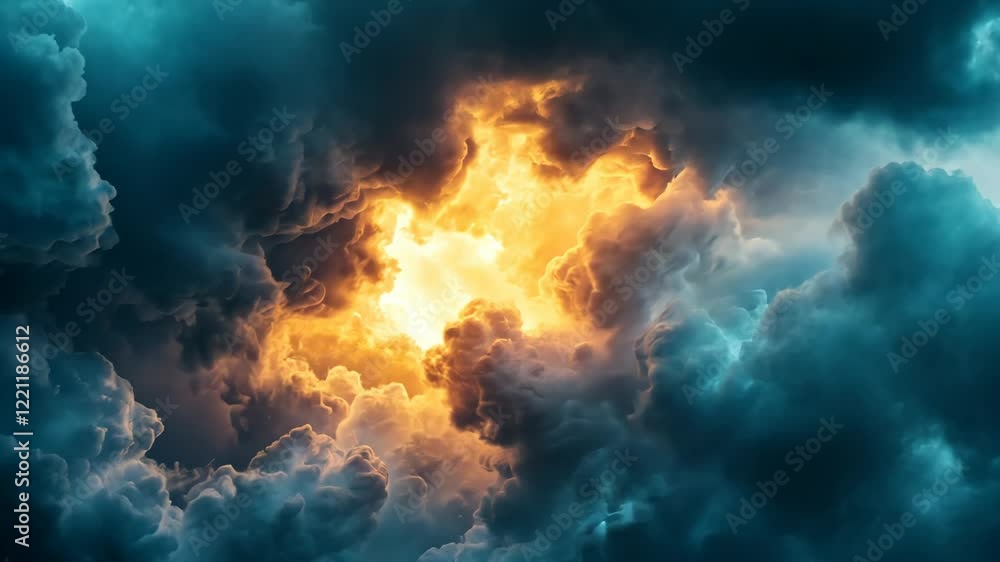 Poster dramatic clouds appear illuminated by a hidden light during twilight hours over an open sky