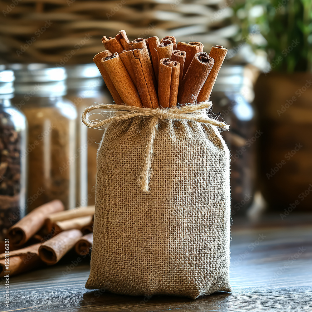 Poster small bag filled with cinnamon sticks is tied with a string. the cinnamon sticks are neatly arranged