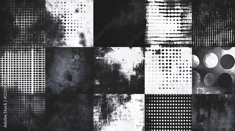 Poster abstract monochrome geometric grunge texture backdrop with dotted and striped patterns