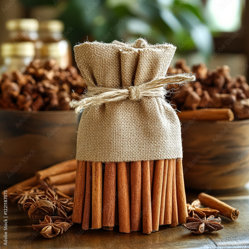 Poster small bag filled with cinnamon sticks is tied with a string. the cinnamon sticks are neatly arranged
