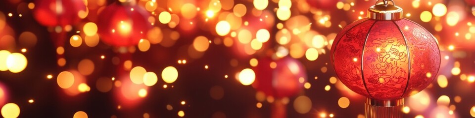 Obraz premium Chinese Lanterns Lit Up Against a Background of Glowing Bokeh Lights for Celebrations and Festivals.