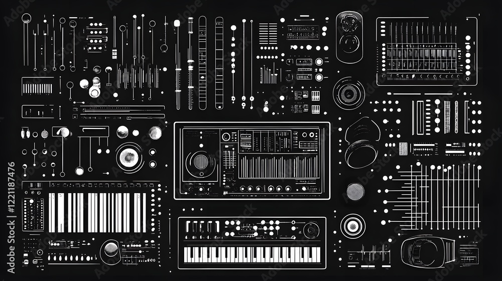 Poster Futuristic digital interface with various technological elements and UIUX controls