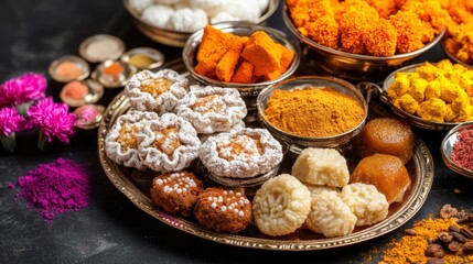 A Festive Indian Sweets Platter: Colorful Delicacies Displayed for Celebrations and Traditions.