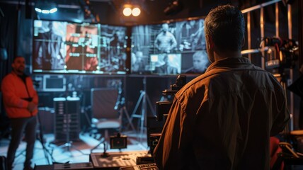 A theater director planning a scene with an AI assistant as a digital storyboard providing adjustments and effects. Film equipment in background. AIG60