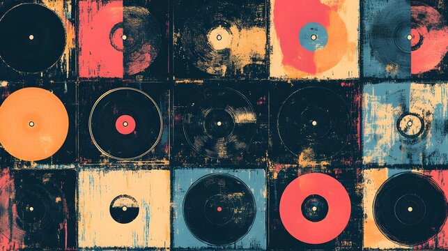 Eclectic Vinyl Record Collection on Colorful Abstract Textured Background