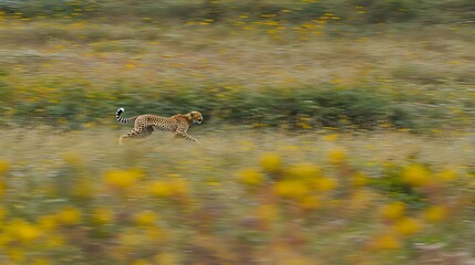 Cheetah cub sprints, wildflowers, African savanna, wildlife