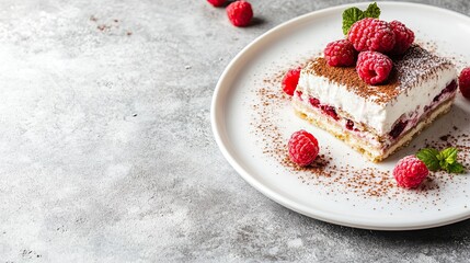 A piece of tiramisu with raspberries on a white plate on the table. Traditional Italian dessert. place for text
